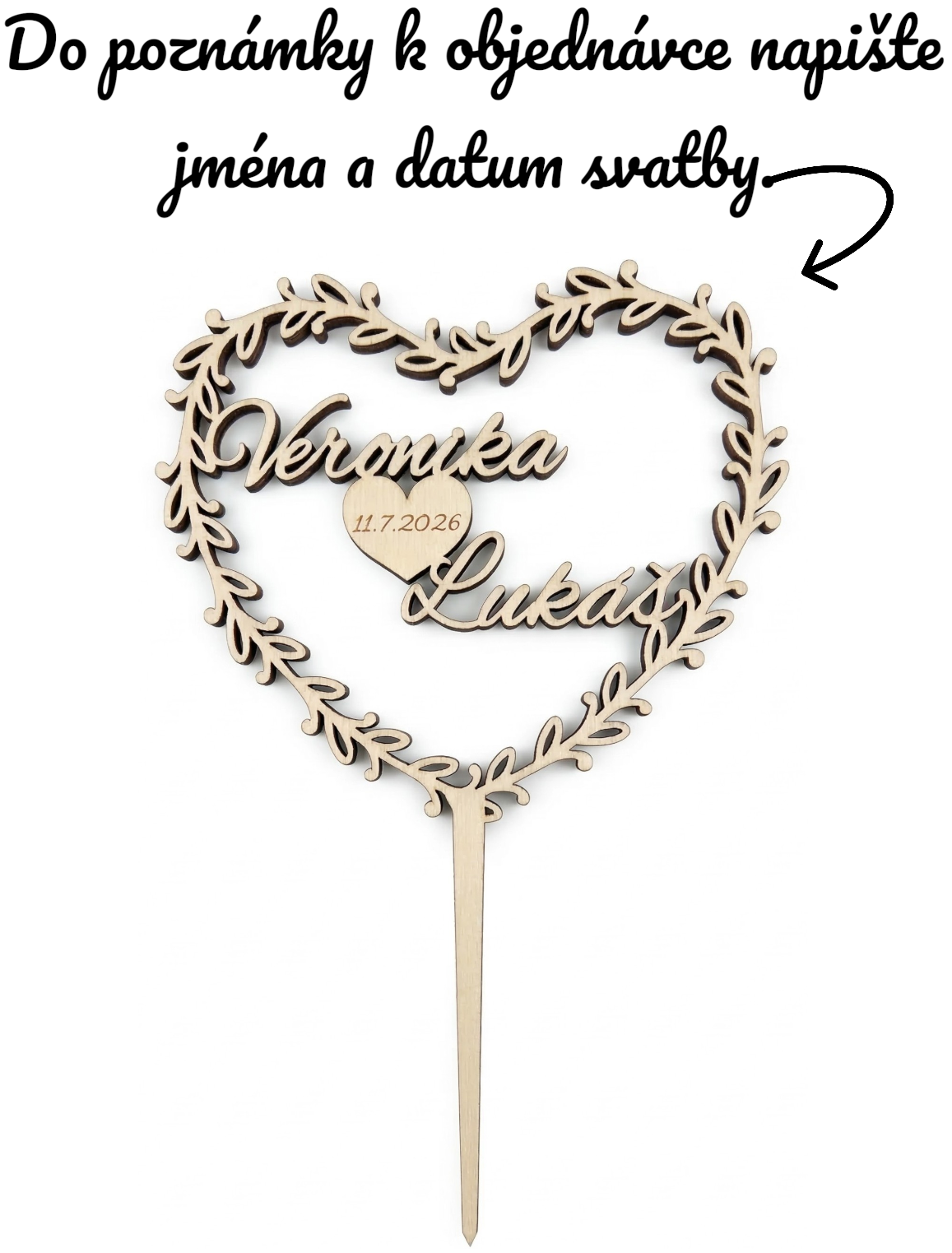 Dřevěný svatební zápich – listový věnec ve tvaru srdce